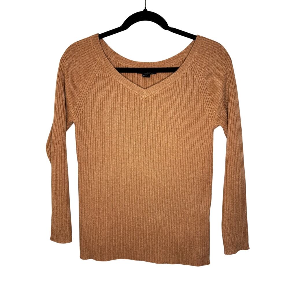 State Cashmere Ribbed Knit Fitted V-neck Cashmere Sweater Camel Brown M